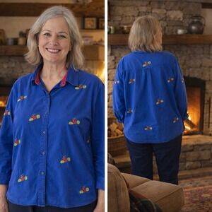 Quacker Factory Blue Corduroy Embroidered Apple Button Down Shirt XL Teacher